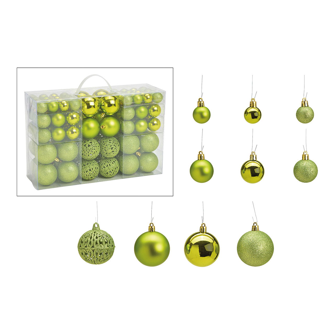 Baubles natalizi in plastica, set di 100, verde Ø3/4/6cm (L/A/D) 35x23x12cm