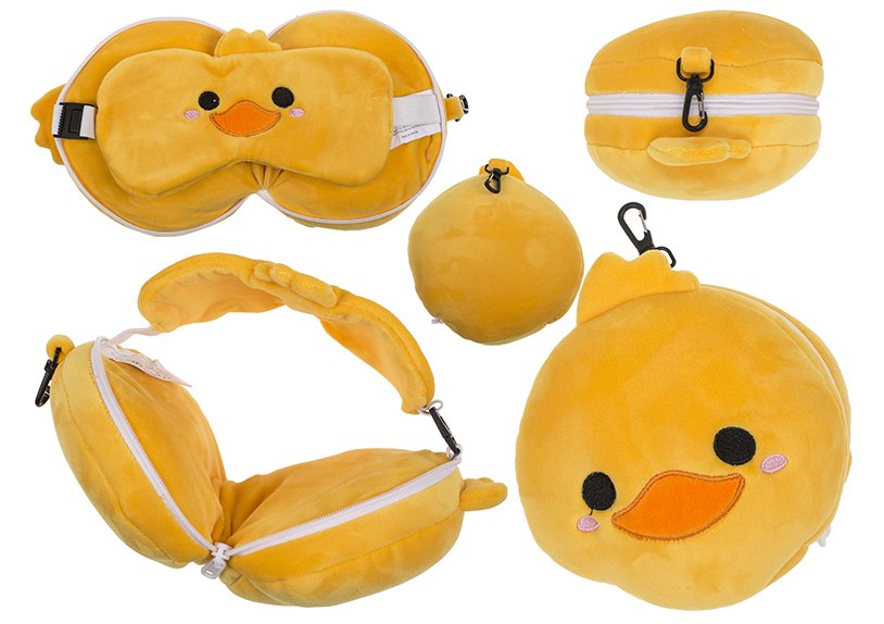 Cuscino da viaggio in peluche per bambini con maschera per gli occhi Duck, in tessuto giallo (L/H/D) 15x15x9cm
