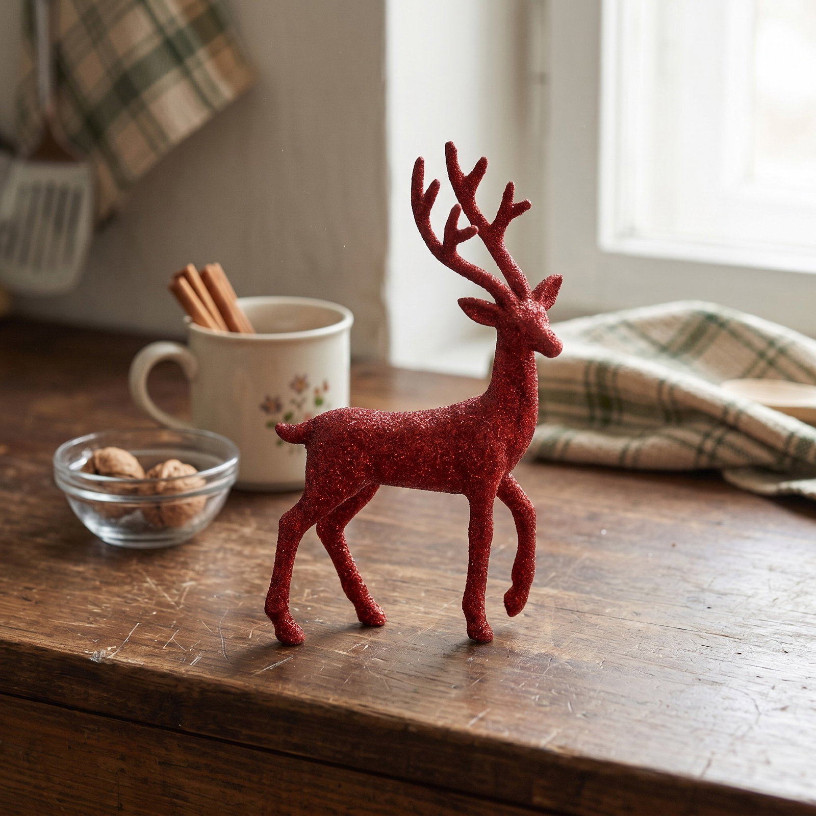 Dekorfigur, Rentier, Rot, Glitzer, Weihnachtsdeko
