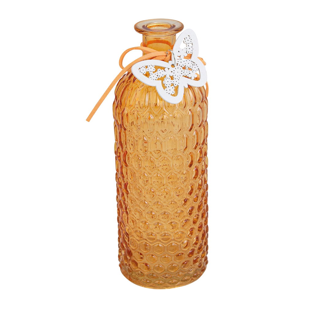 Vase bouteille avec décoration de papillons, verre, 6,7x20cm, 1 pc, orange Flasche, Glas