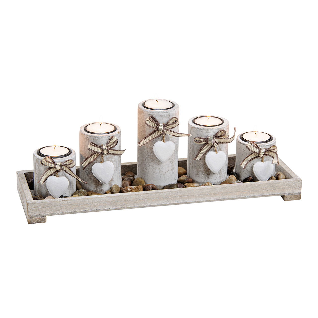 Porta tealight 5 su vassoio con pietre in legno bianco (L/H/D) 38x12x11cm Porta tealight 5 su vassoio con pietre in legno bianco (L/H/D) 38x12x11cm