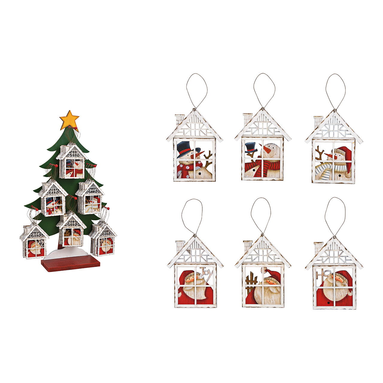 Pendentif de Noël Maison, Bonhomme de neige Décor Saint-Nicolas en bois sur pied d'arbre (L/H/P) 33x59x11cm, 48 pcs, 6 fois, Blanc (L/H/P) 10x13x0.5cm