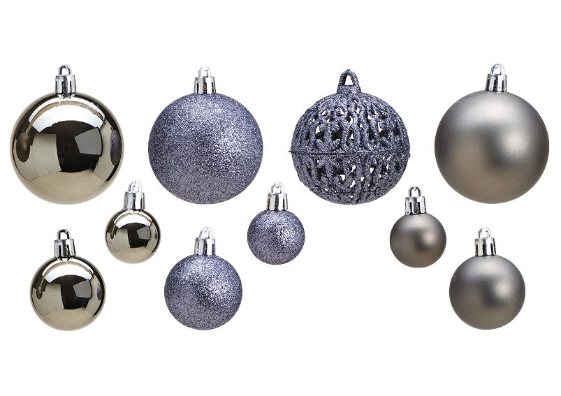 Juego de bolas de Navidad de plástico, gris Juego de 50, (c/h/d) 23x18x12cm Ø3/4/6cm
