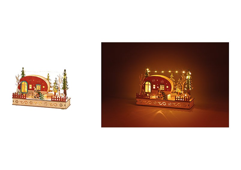Winter scene caravan winter forest with 15 led lighting made of wood colored (w / h / d) 28x19x10cm
