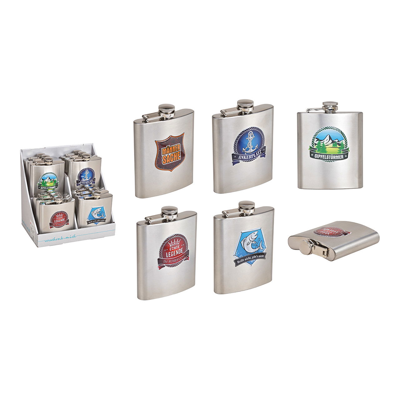 Flachmann aus Edelstahl Silber 6-fach, (B/H/T) 9x12x3cm, 200ml, 12 Stk. im Display Flachmann aus Edelstahl Silber 6-fach, (B/H/T) 9x12x3cm, 200ml, 12 Stk. im Display