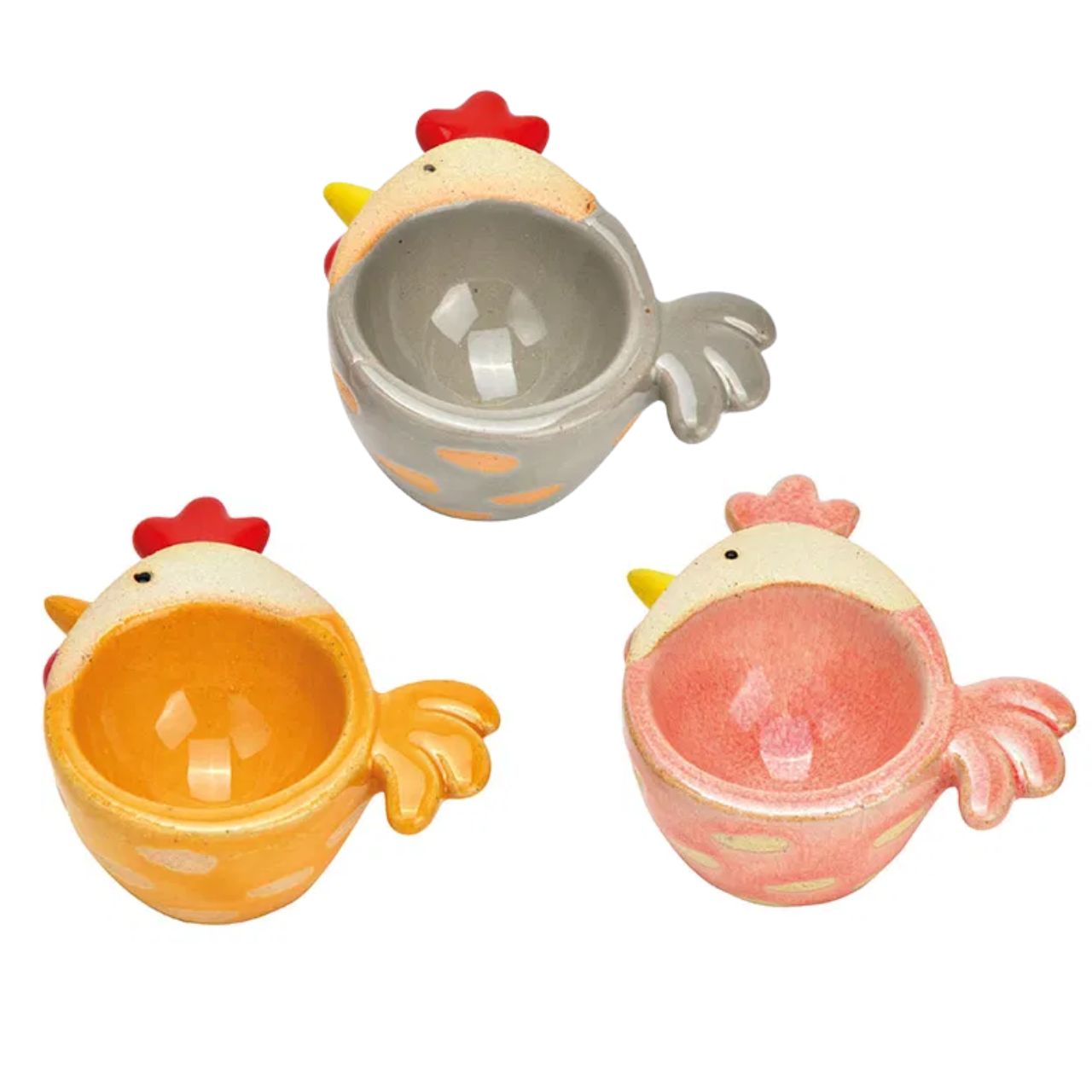 Portauovo in gres pollo, triplo, giallo/rosa/grigio (L/H/D) 7x8x3cm Schale, Suppenschüssel, Tasse, Töpferei