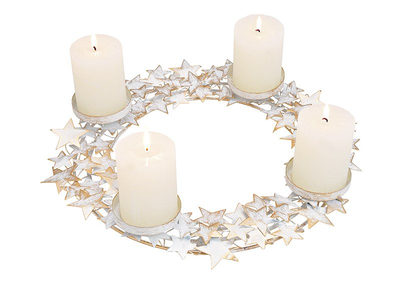 Couronne de l'Avent décor étoile, porte-bougie pour 4 bougies, en métal blanc, or (L/H/P) 40x7x40cm