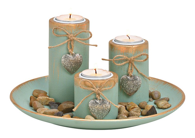 Tealight holder with decorative stones made of wood green set, (w / h / d) 25x13x25cm