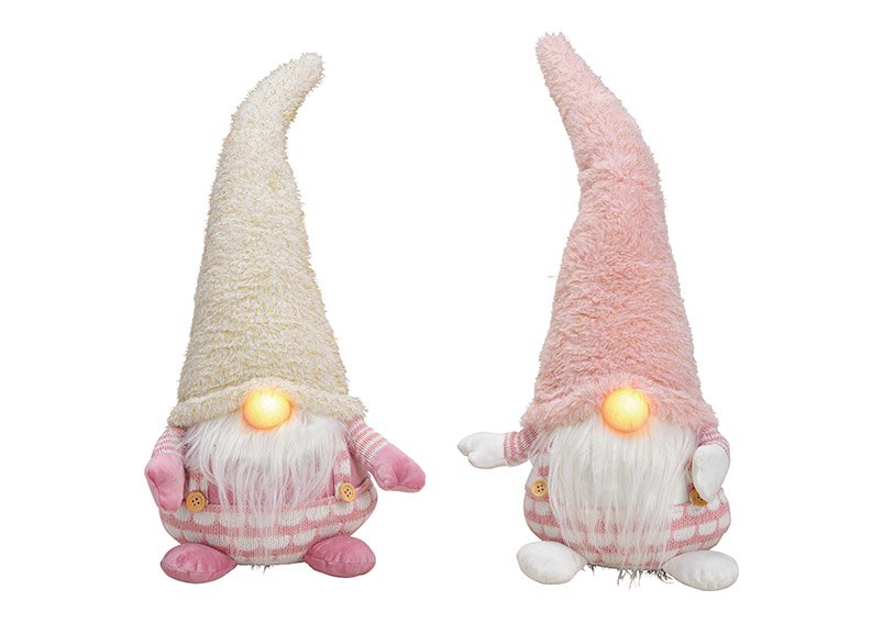 Gnome with led shining nose made of textile white, pink 2-fold, (w / h / d) 24x48x12cm