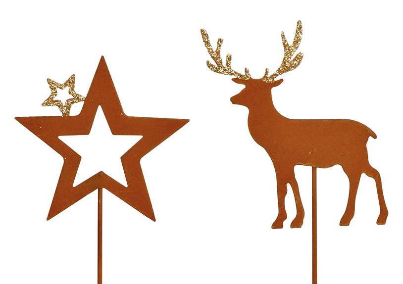 Plug, deer, star with glitter, rusty finish, made of metal brown 2-fold, (W/H) 7x37cm