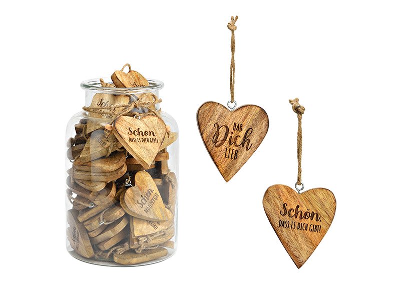 Hanger heart with lettering mango wood natural 2-fold (W/H/D) 7x8x1cm, 48 pieces in glass 16x25x16xm