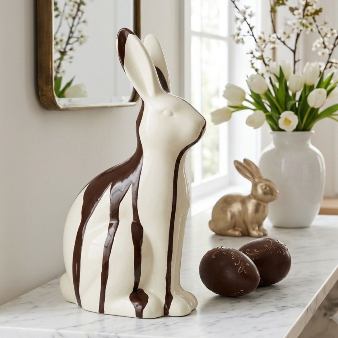 Hasenfigur, Schokoladen-Optik, Dekorfigur, Porzellan, Osterdeko