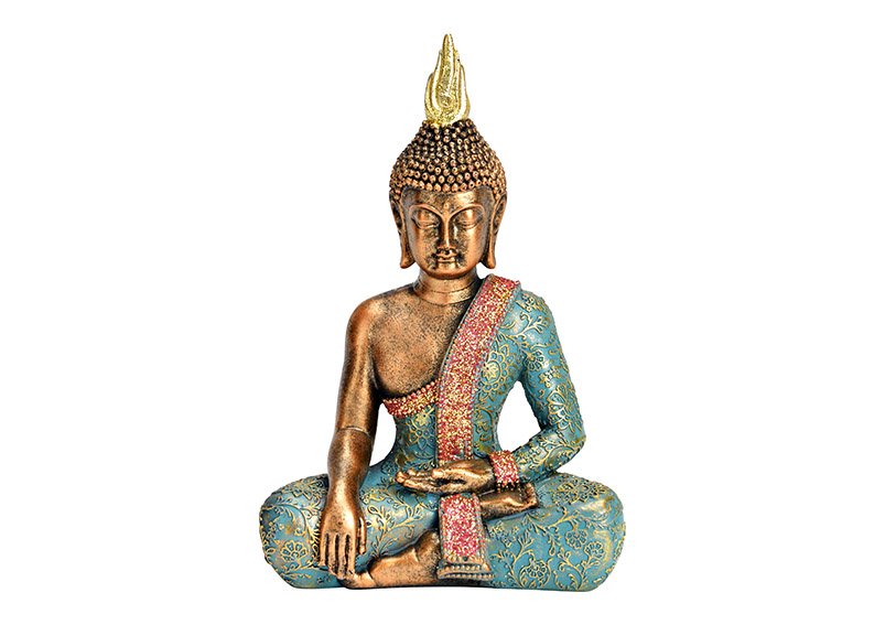 Buddha aus Poly türkis, gold (B/H/T) 13x21x8cm