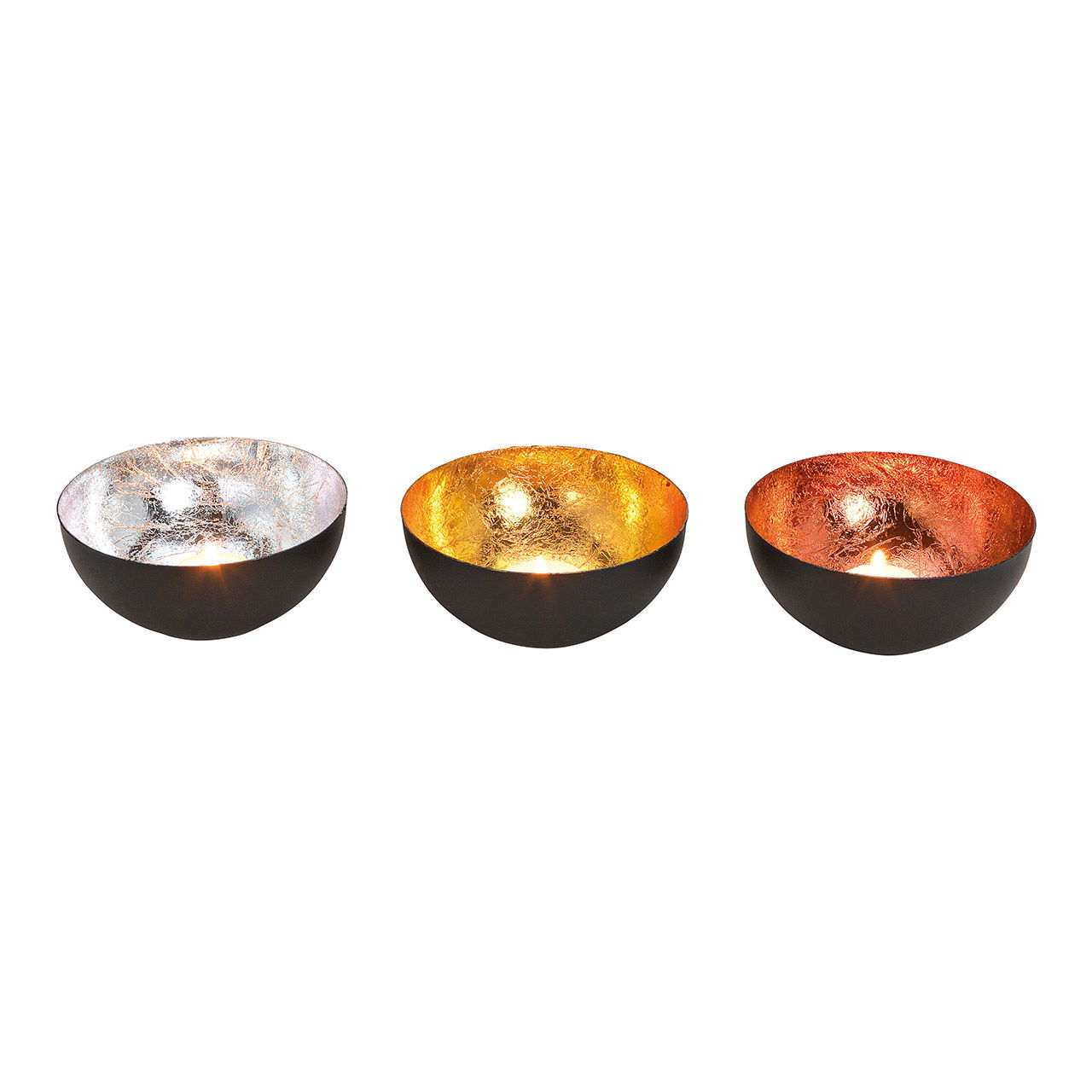 Windlight bowl, metal, black/gold, bronze, silver, 3 asst. 13x6x13cm