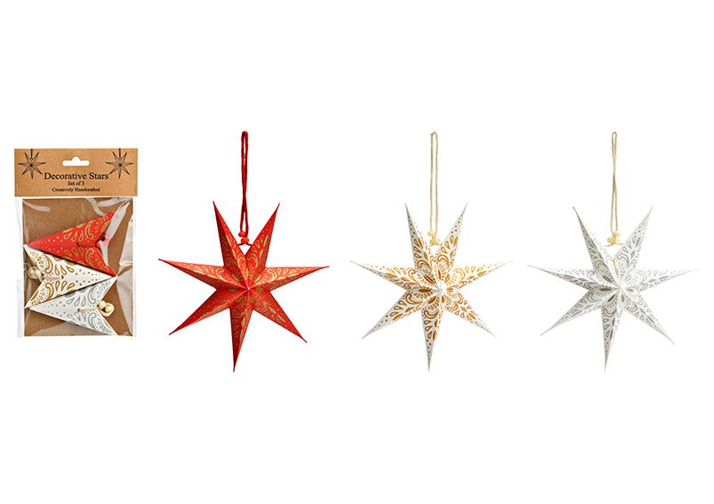 Set de 3 pendentifs de Noël étoile 7 branches avec paillettes, en papier/carton FSC rouge, blanc, crème (L/H/P) 20x20x6cm
