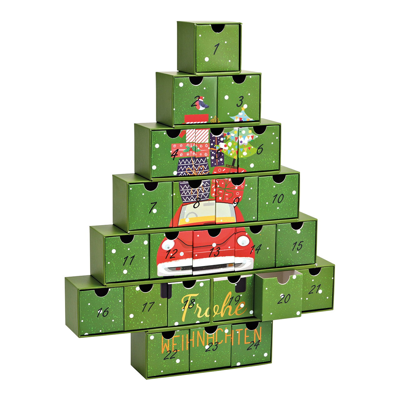 Calendario dell'Avvento albero di Natale con auto 24 caselle 6x6x6cm in carta/cartone verde (L/H/D) 38x48x6cm