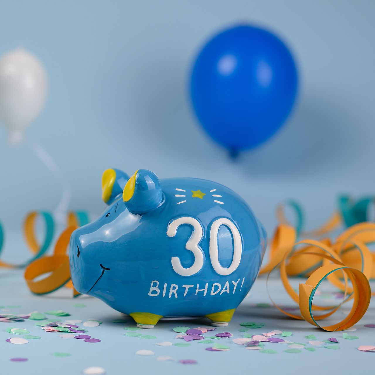KCG "30 Birthday!" ceramic piggy bank, blue/white/yellow (W/H/D) 12.5x9x9cm Small piggy bank KCG "30 Birthday!" ceramic piggy bank, blue/white/yellow (W/H/D) 12.5x9x9cm Small piggy bank
