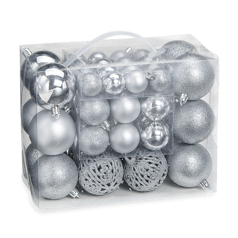 Weihnachtskugeln aus Kunststoff, 50er-Set, Silber Ø3/4/6cm (B/H/T) 23x18x12cm Weihnachtsdekorationen, Festival, Zubehör, Weihnachtsbaum, Christbaumschmuck