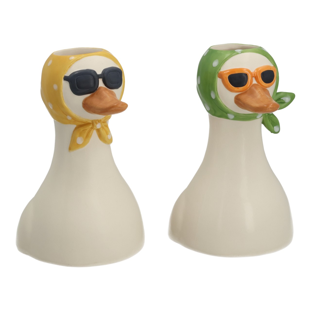 Vase « Canard » en céramique blanche, assortiment de 2 modèles (L/H/P) 12 x 18 x 13 cm Porzellanknopf, Duck Figurine, Sonnenbrille, Hütchen Kopfbedeckung, Paar Dekoration