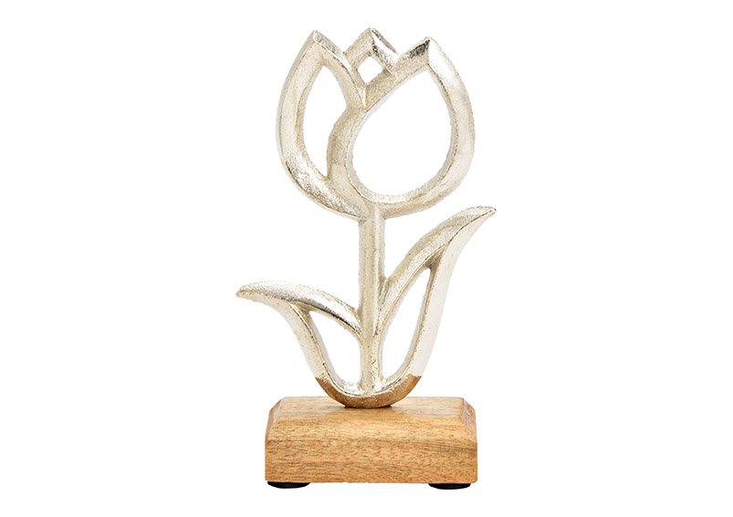 Stand up tulip on mango wood base of metal silver(W/H/D) 10x16x5cm