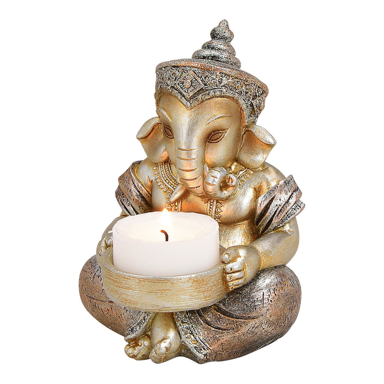 Ganesha avec porte-lumière de thé en poly champagne (L/H/P) 8x11x8cm Ganesha avec porte-lumière de thé en poly champagne (L/H/P) 8x11x8cm