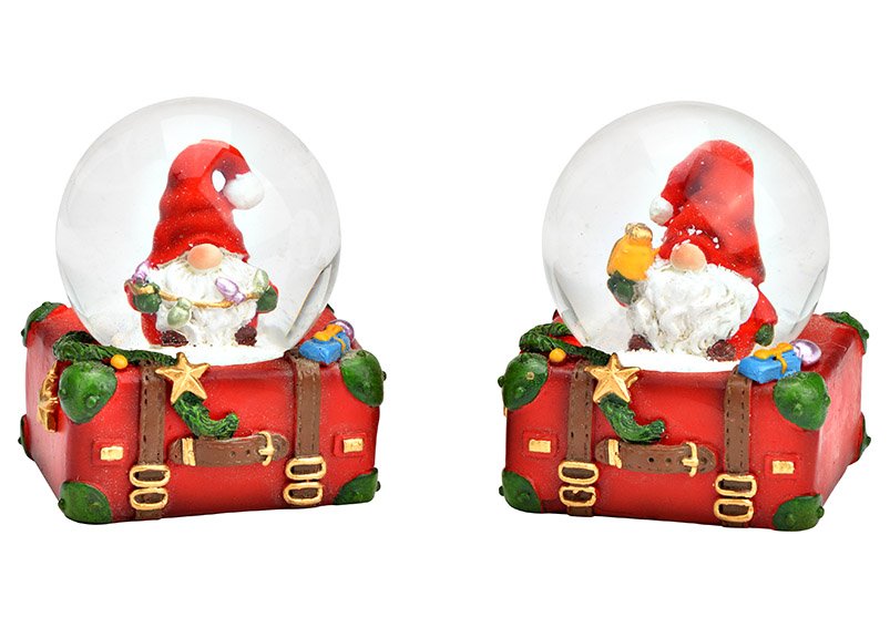 Snow globe gnome on suitcase base made of poly/glass colorful 2-fold, (W/H/D) 5x6x4cm