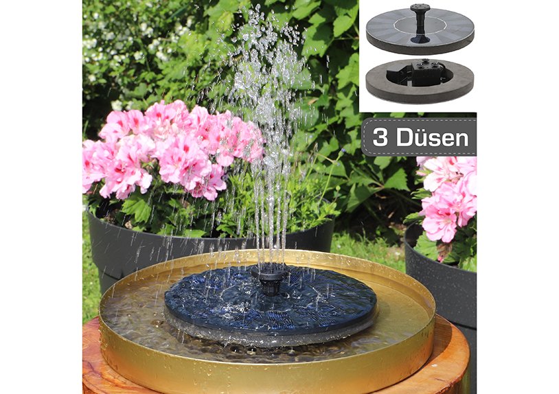 Solar water fountain, plastic black (W/H/D) 16x5x16cm IP68, incl. 3 different nozzles, max spray height 25-50cm
