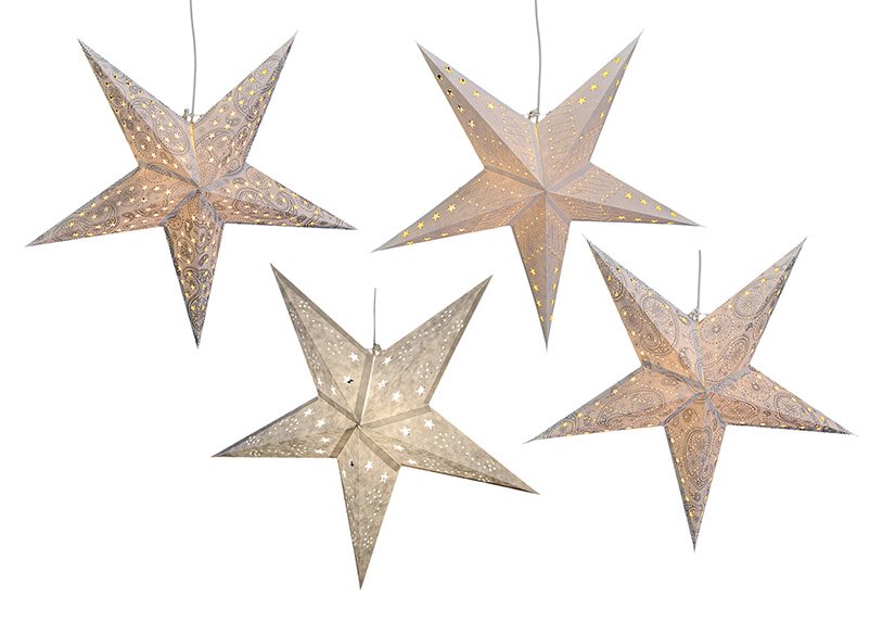Lichtgevende ster van papier in wit met 5 stekels, 4 assorti, 60 cm