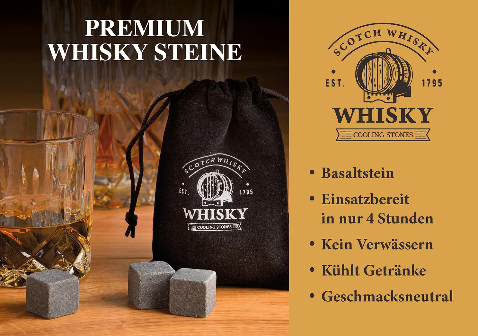 Whisky Stein Set, Glaçons en pierre de basalte 2x2x2cm, Verre 9x8x9cm, 300ml, Gris Set de 6, dans boîte en bois (L/H/P) 18x10x16,6cm