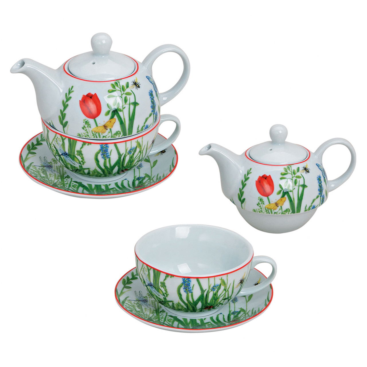 Theepot set met kop+schotel (bloemen) van porselein h/w/d 15/16/15 cm