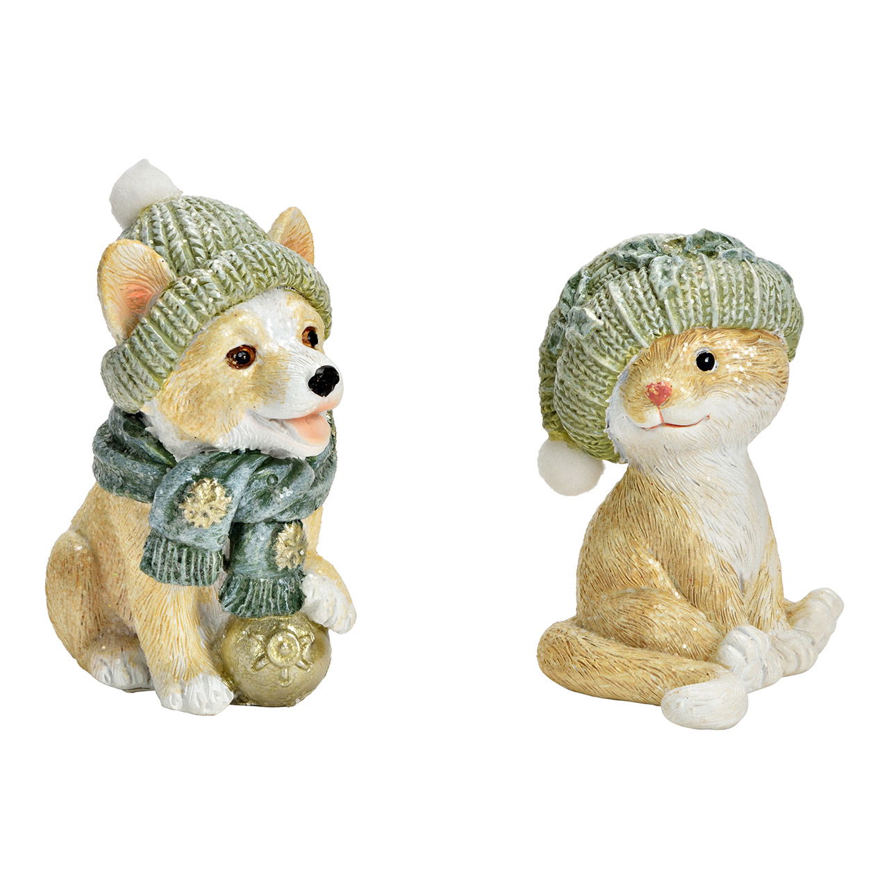 Katze/Hund mit Mütze/Schal aus Poly, 2-fach, Beige/Grün (B/H/T) 4x6x5cm