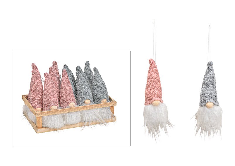 Hanger, gnome, textile, pink, grey, 2 asst. 7x17x6cm