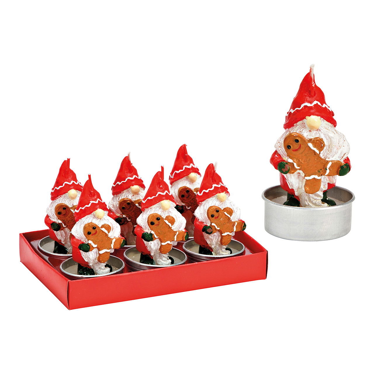 Theelichtset kabouter met peperkoekfiguur 4x8x4cm Set van 6, gemaakt van was rood (B/H/D) 14x8x9cm