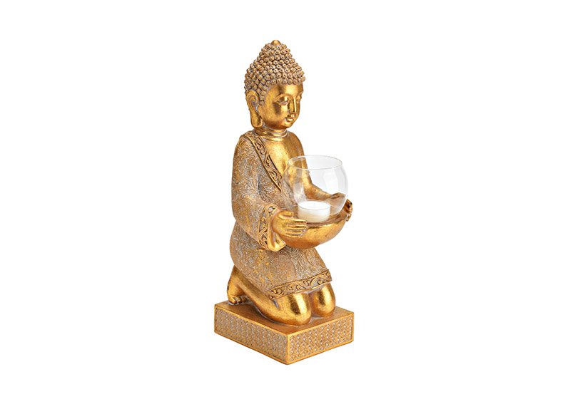 Candle holder Buddha made of poly gold (W/H/D) 13x37x14cm