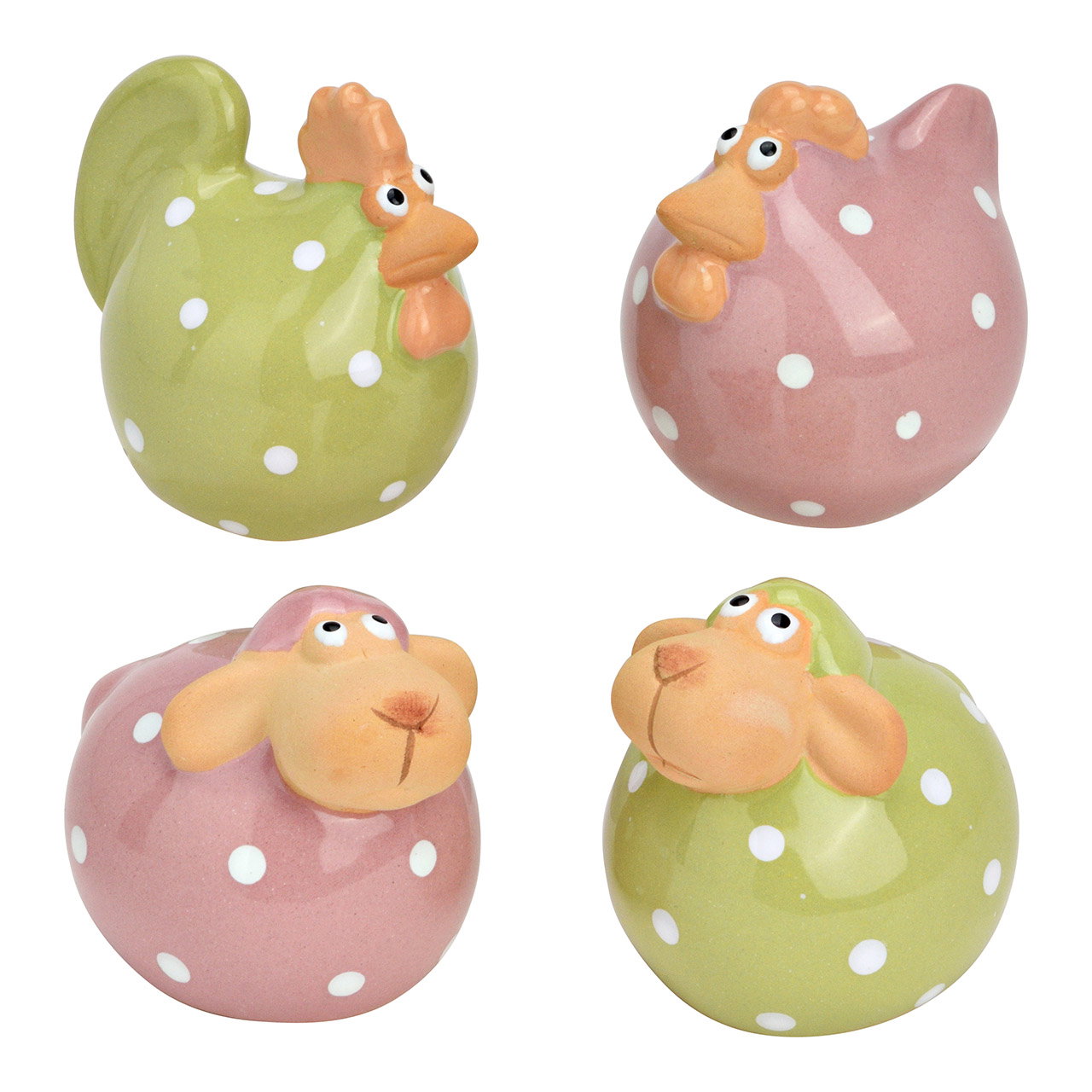 Mouton/Poulet en céramique, 4 fois, vert (L/H/P) 6x5x6cm Huhn, Kükenfigur, Farbige Keramikkugel, Polka-Dots, Dekoration