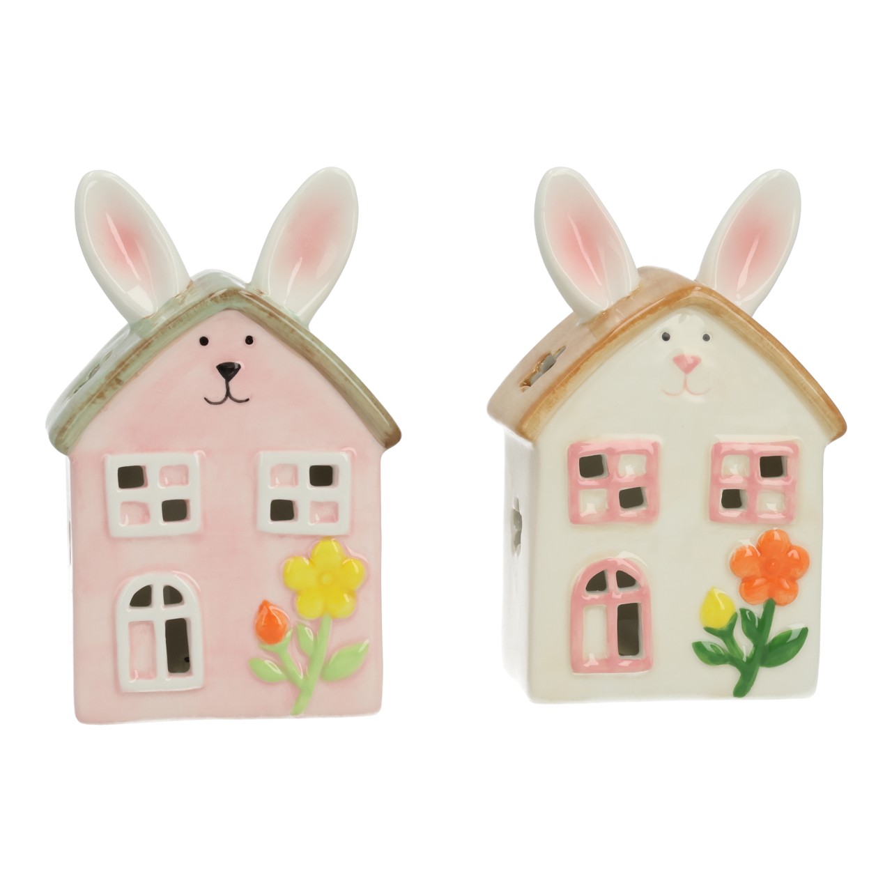 Lichthaus mit Hasenohren aus Keramik Pink/Rosa 2-fach sortiert (B/H/T) 10x15x6cm exkl. 2xLR44 K erzenofen, Häuschen, Hase, Porzellanfigur, Blumen