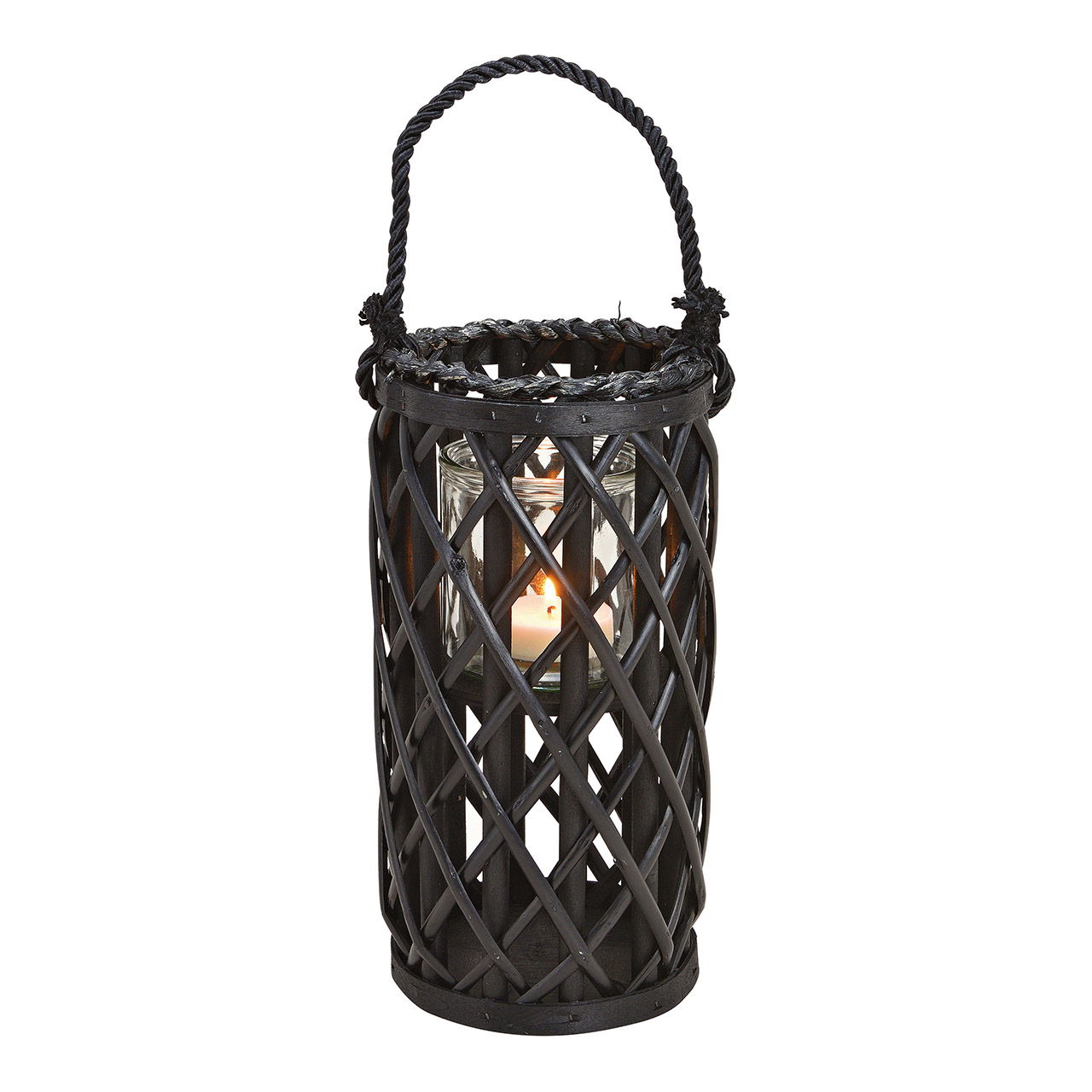 Farol de mimbre con vidrio de material natural Negro (A/H/D) 15x31x15cm