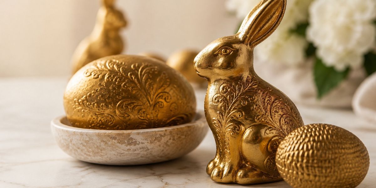 golden, Osterdekoration, Hasenfigur, aufwändiges Muster, Eierhalter