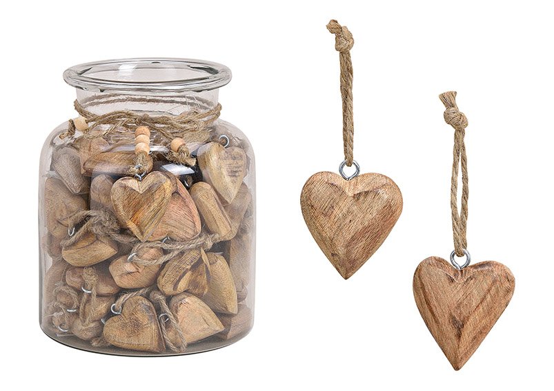 Hanger heart, mango wood, in glass jar packing, brown color, 5cm