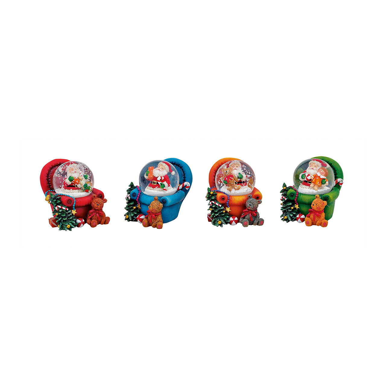 Sneeuwbol kerstman op fauteuil van poly, 4 assorti (B/H/D) 4x6x4 cm Sneeuwbol kerstman op fauteuil van poly, 4 assorti (B/H/D) 4x6x4 cm