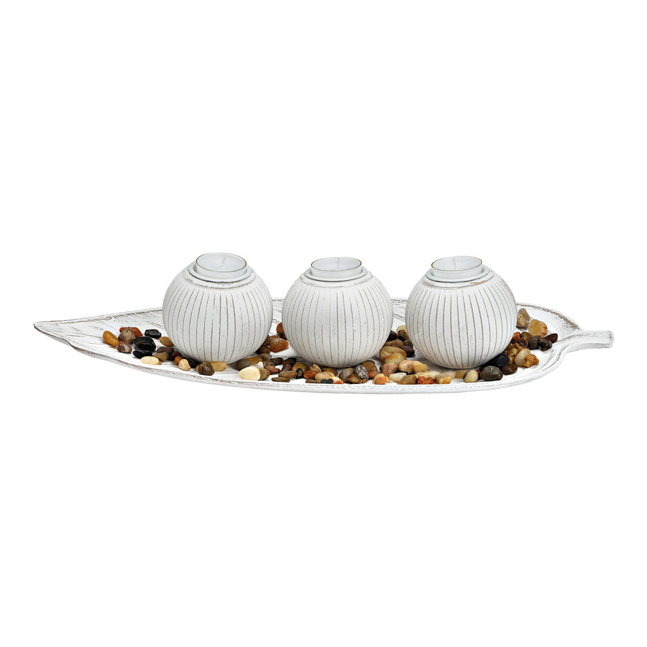 Tea light holder 3 on tray with stones made of white wood (W/H/D) 45x10x18cm Tea light holder 3 on tray with stones made of white wood (W/H/D) 45x10x18cm