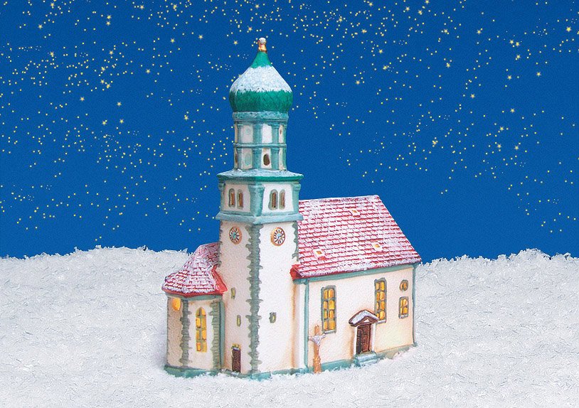 Windlicht-Haus Kirche I Wasserburg mit Schnee aus Poly, B19 x T12 x H24 cm