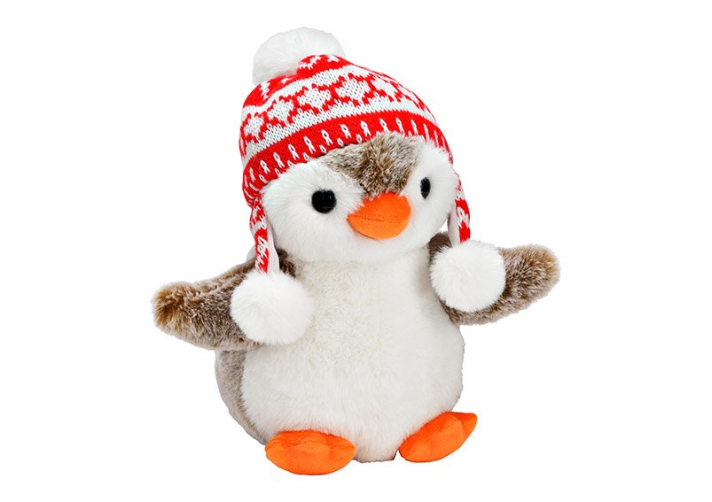 Penguin with brown plush winter hat (W/H/D) 24x23x16cm