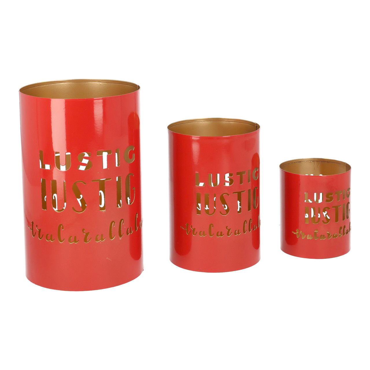 Windlichtset Trallalalala, Metall , 13x13x20cm/10x10x15cm/8x8x10cm, 3 Stck./ Set, rot/gold, Zylinder, Pokal