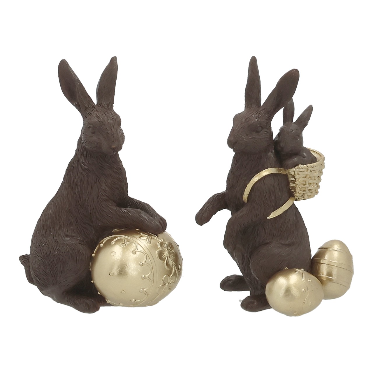 Lapin avec œuf de Pâques en polyéthylène marron, assortiment de 2 modèles (L/H/P) 9 x 15 x 6 cm Hasenfigur, Dekorfigur, Eierdekoration, goldene Kugeln, Hängekorb