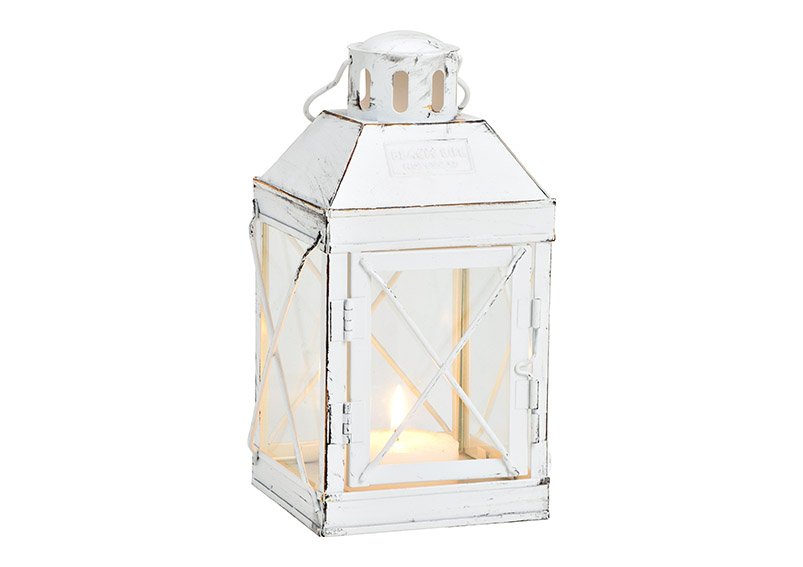 Lantern white metal/glass 12x12x22cm
