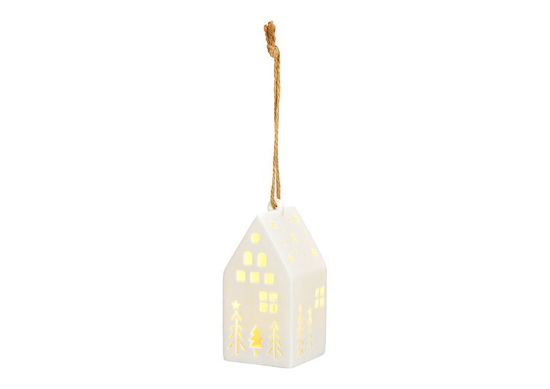 Casita de Navidad colgante con LED, 3xLR44 exclusiva de porcelana blanca (A/A/A) 6x12x6cm