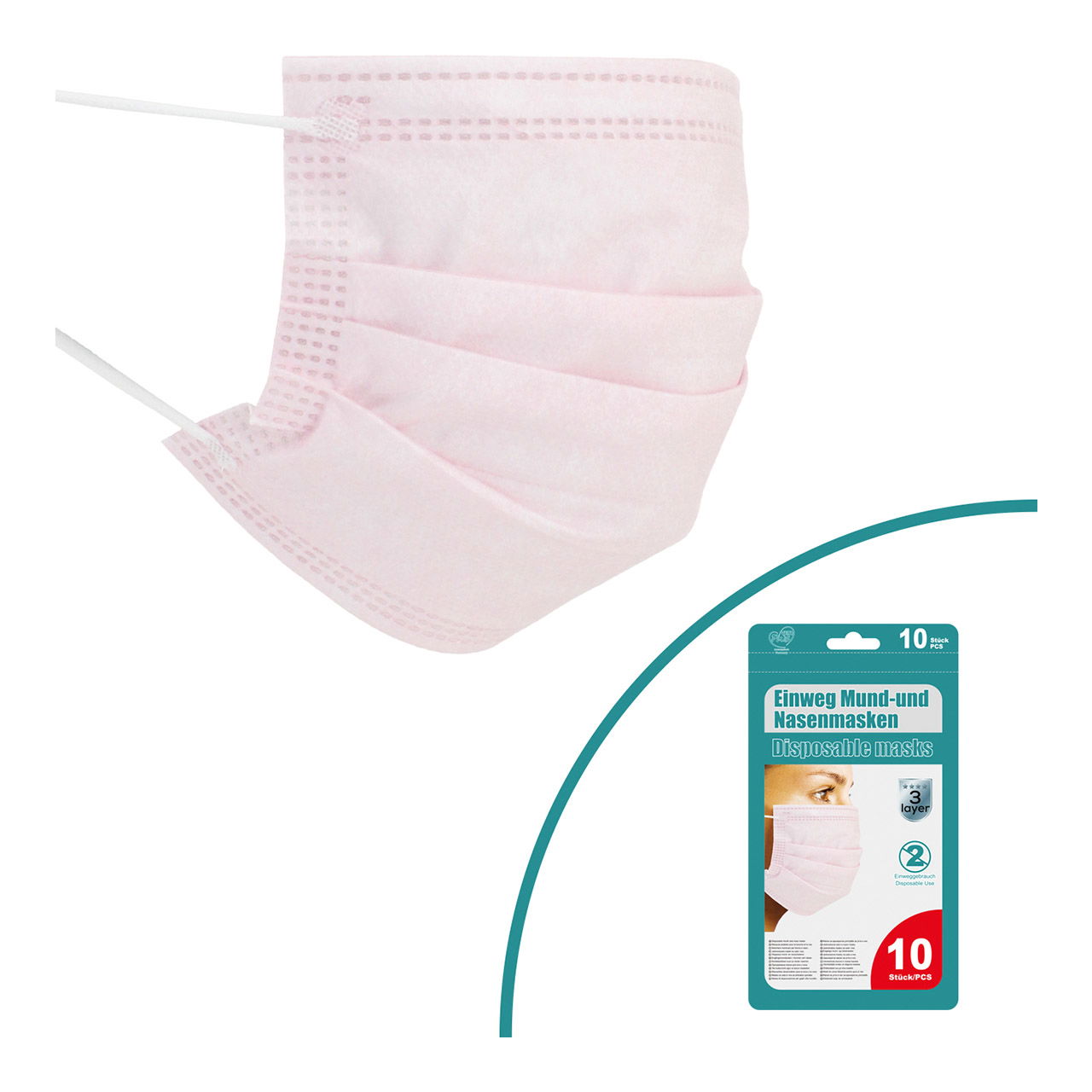 Mund-Nasen-Maske 10er Set Rosa, 3-lagig, mit Ohrschlaufen, in 10er Beutel Mund-Nasen-Maske 10er Set Rosa, 3-lagig, mit Ohrschlaufen, in 10er Beutel