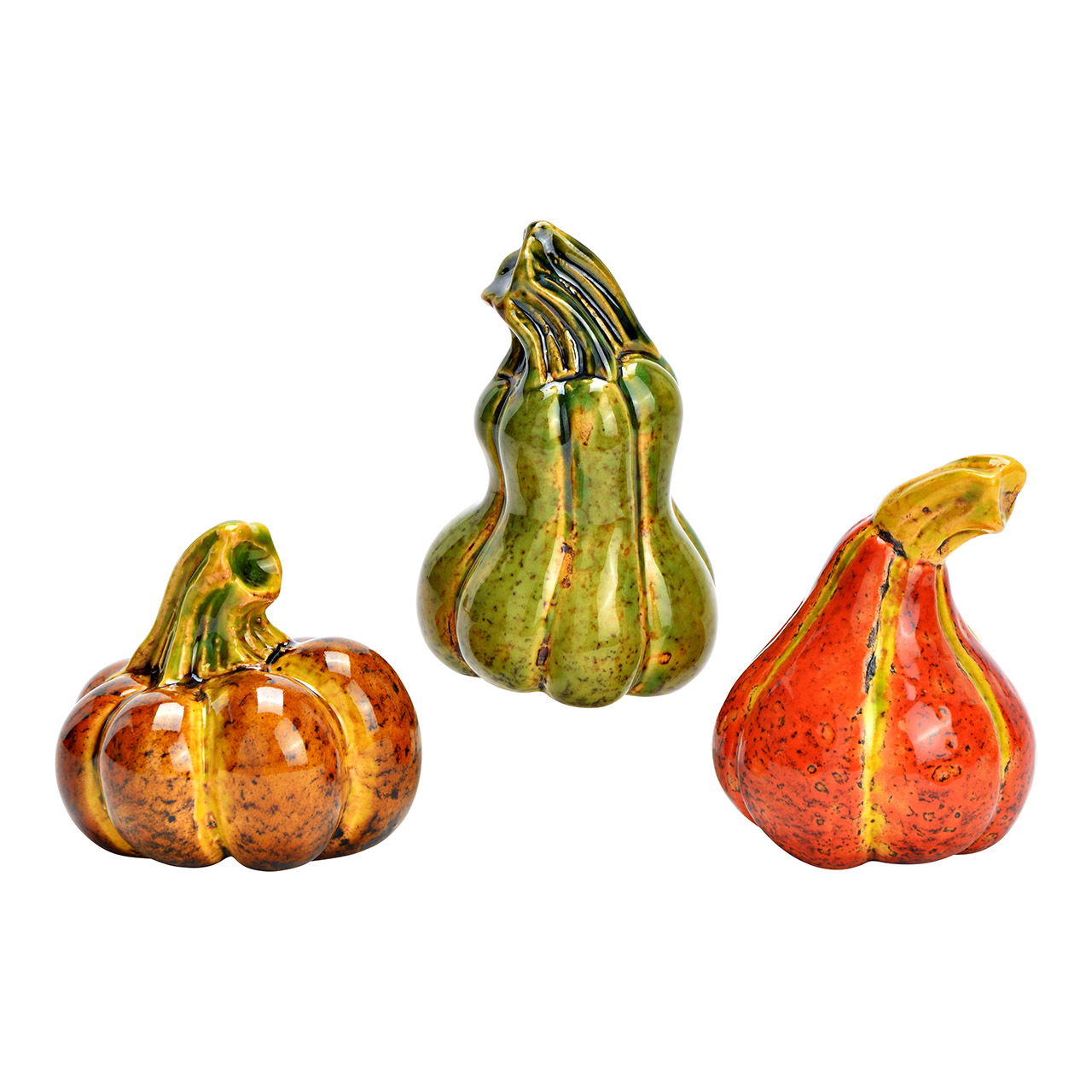 Figurina di zucca in gres, a 3 pieghe, rosso/verde/arancione (L/H/D) 4x7x4cm