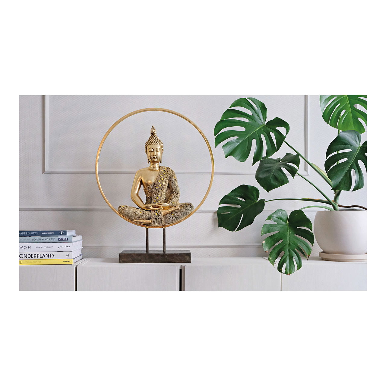 Aufsteller Buddha im Kreis  aus Poly, Metall Gold (B/H/T) 49x65x17cm Pflanze, Person, Kunst, Blume, Blumen-Arrangement